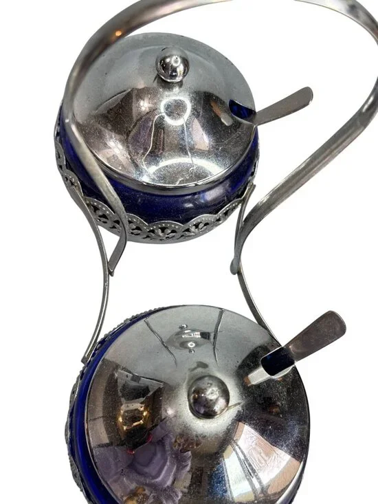 Mayell England Cobalt Blue Glass Double Condiment Jam Jar Set Silverplate 9 1/2" - Picture 7 of 7